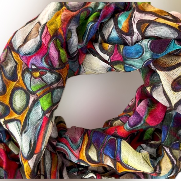 ⭕️Vibrant Multicolor Modal/Silk Oblong Lightweight Circle Design Scarf—Namaskar - Picture 3 of 17